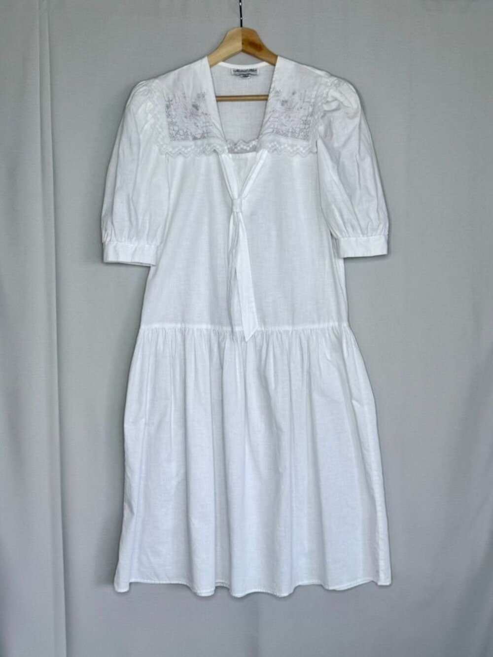 80s Vintage Michael Blair White Lace Pilgrim Collar Drop Waist Midi Dress Small